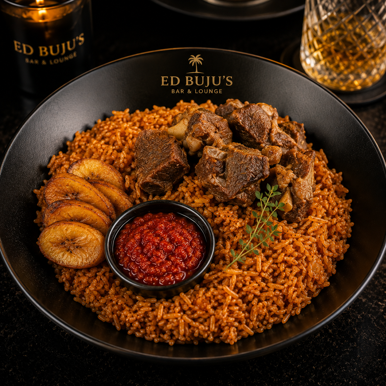 Smoky jollof rice with tender meat, fried plantain and pepper sauce