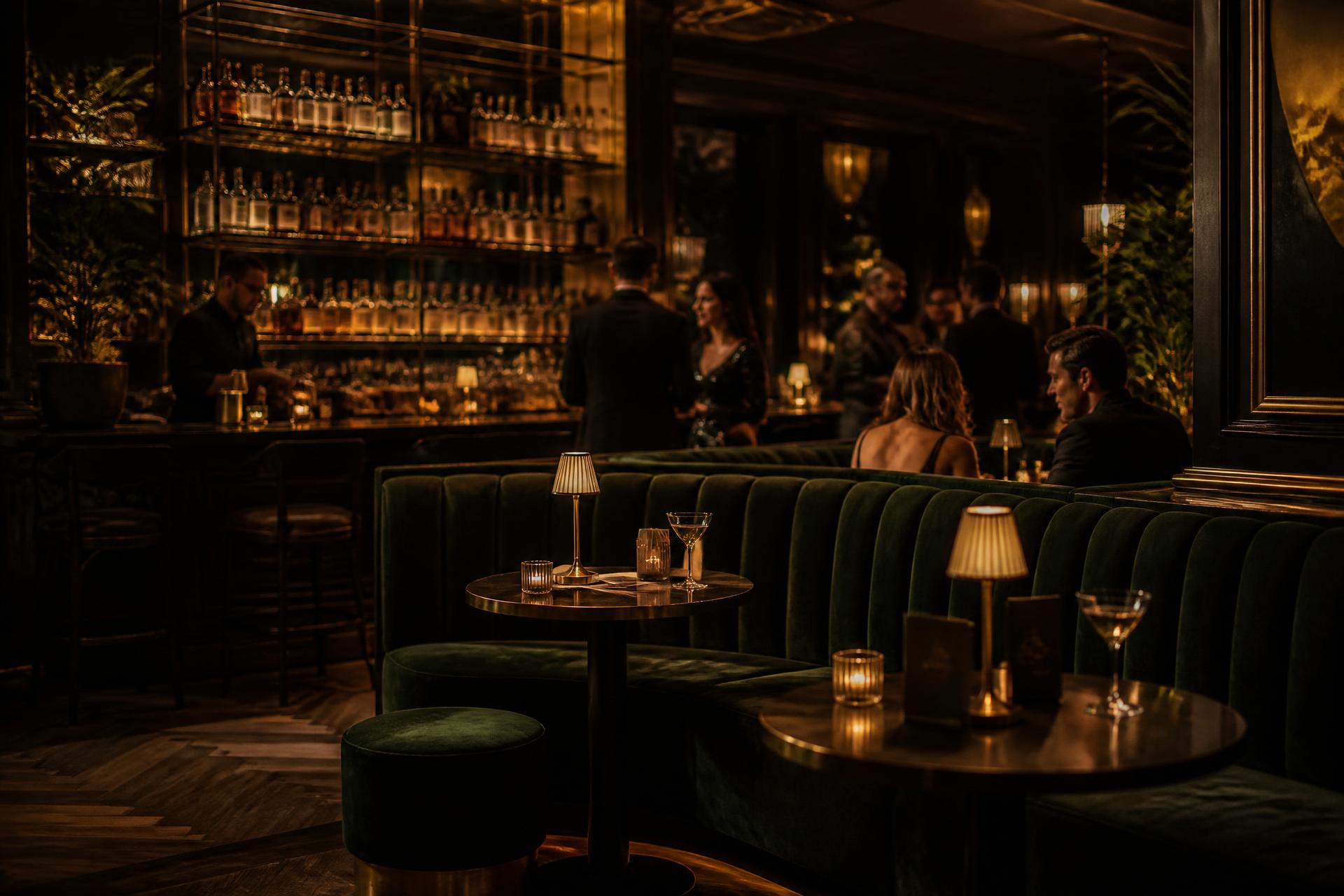 Green velvet banquettes, brass tables and a backlit bar inside Ed Buju's lounge