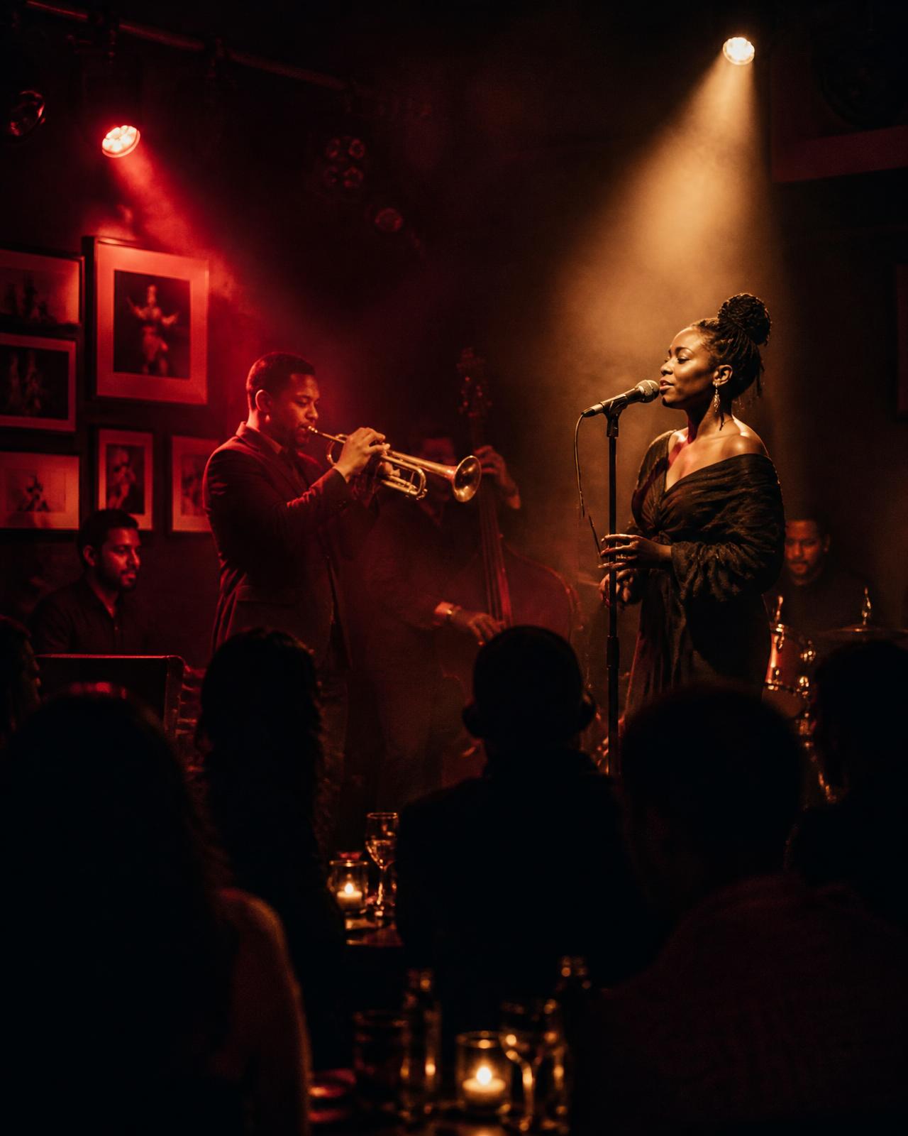 Singer and trumpet player performing under warm stage light